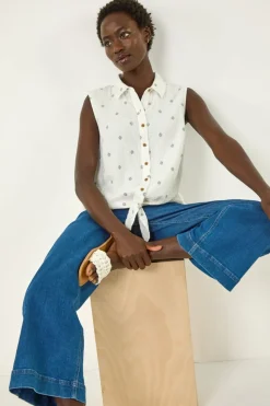 Roman Ivory Embroidered Tie Hem Blouse