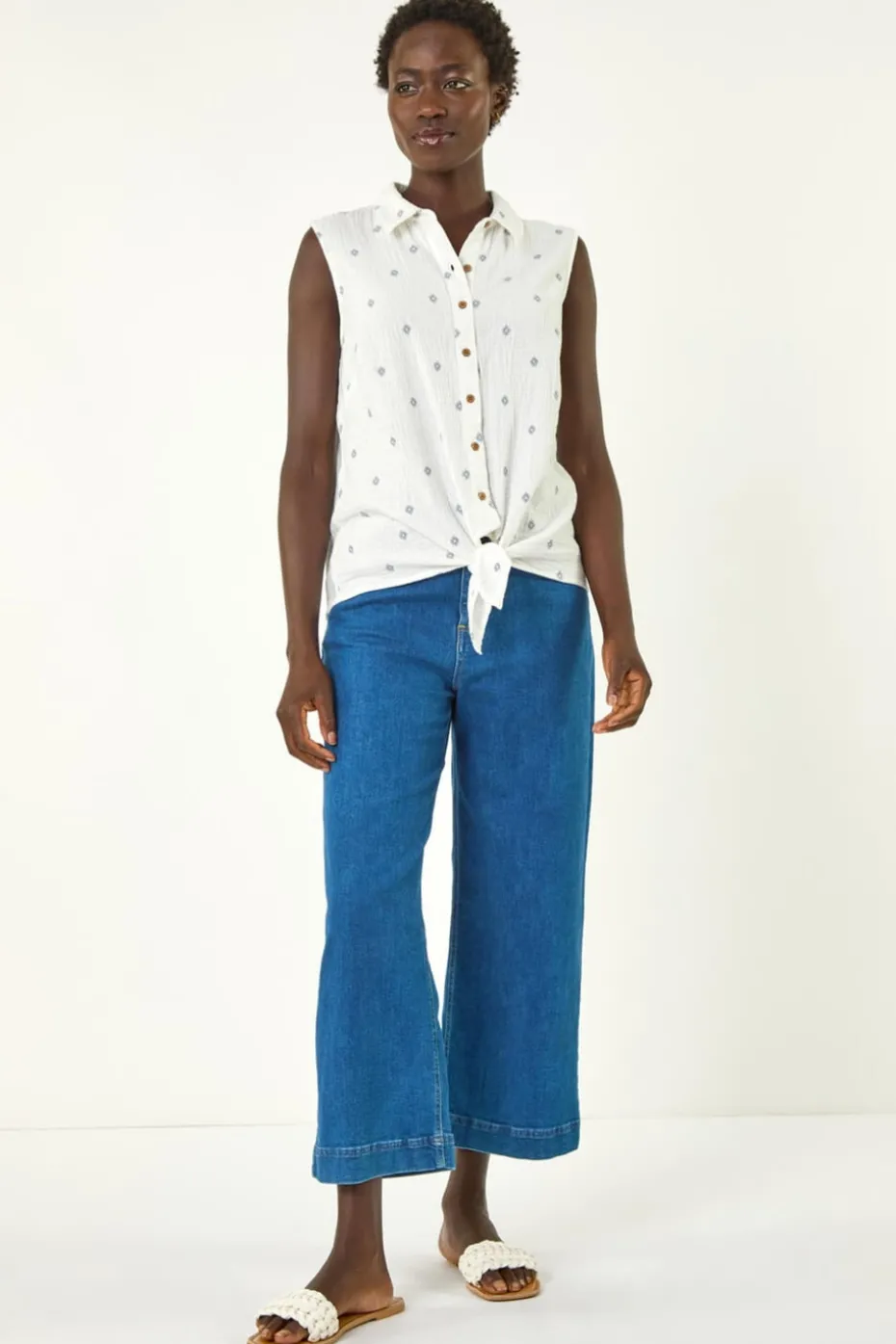 Roman Ivory Embroidered Tie Hem Blouse