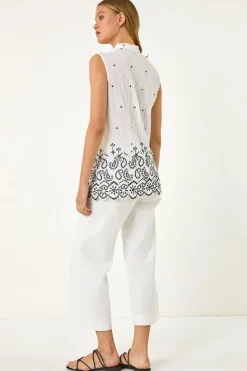 Roman Ivory Embroidered V-Neck Blouse