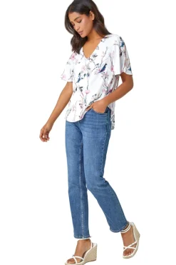 Roman Ivory Floral Angel Sleeve V-Neck Top