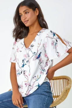 Roman Ivory Floral Angel Sleeve V-Neck Top