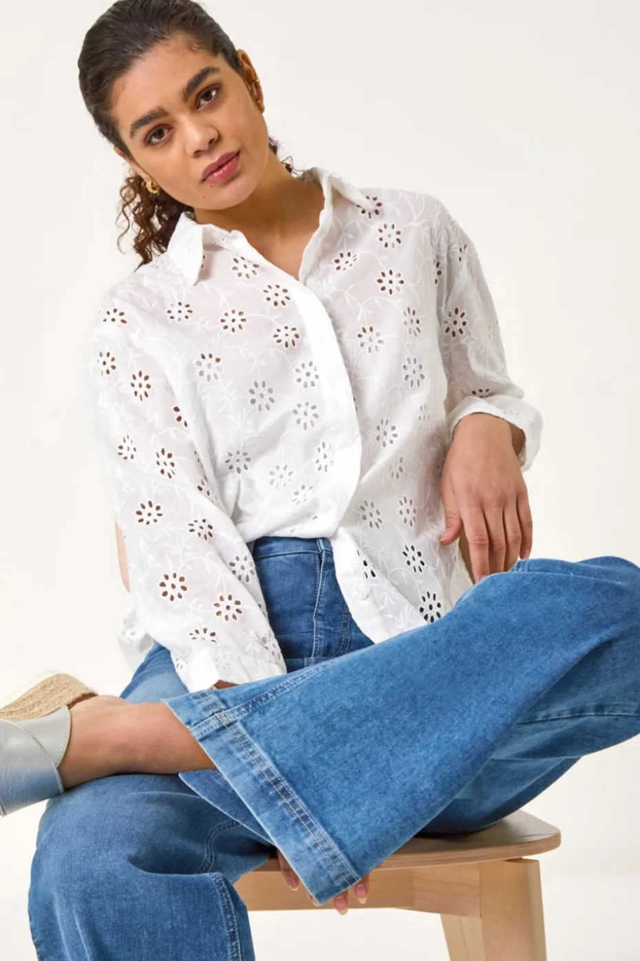 Roman Ivory Floral Broderie Collar Cotton Shirt