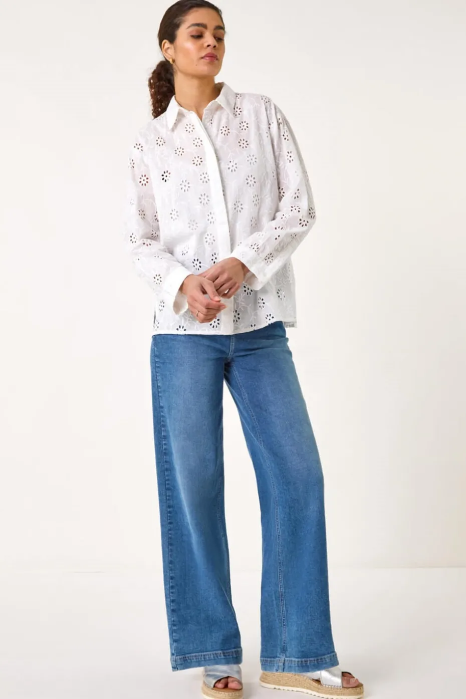 Roman Ivory Floral Broderie Collar Cotton Shirt