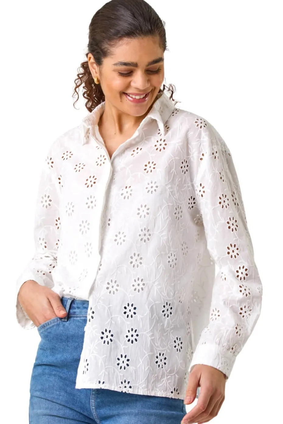 Roman Ivory Floral Broderie Collar Cotton Shirt