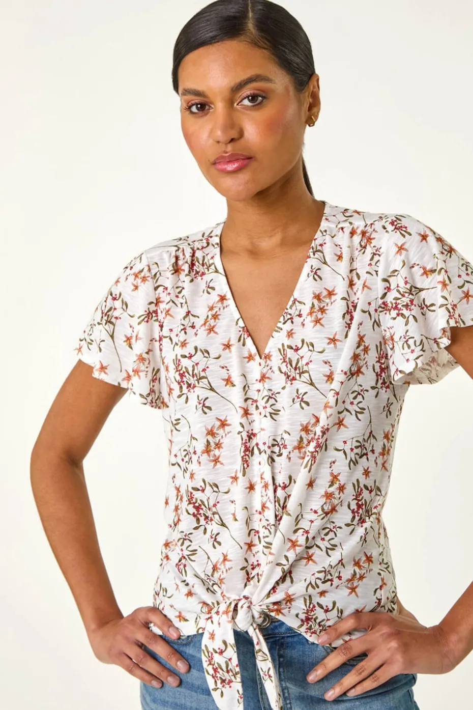 Roman Ivory Floral Buttoned Tie Hem Top