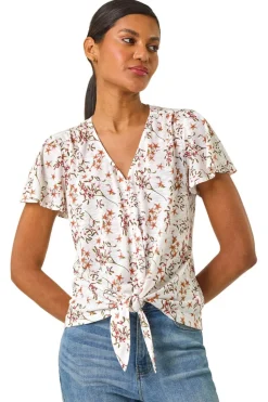 Roman Ivory Floral Buttoned Tie Hem Top