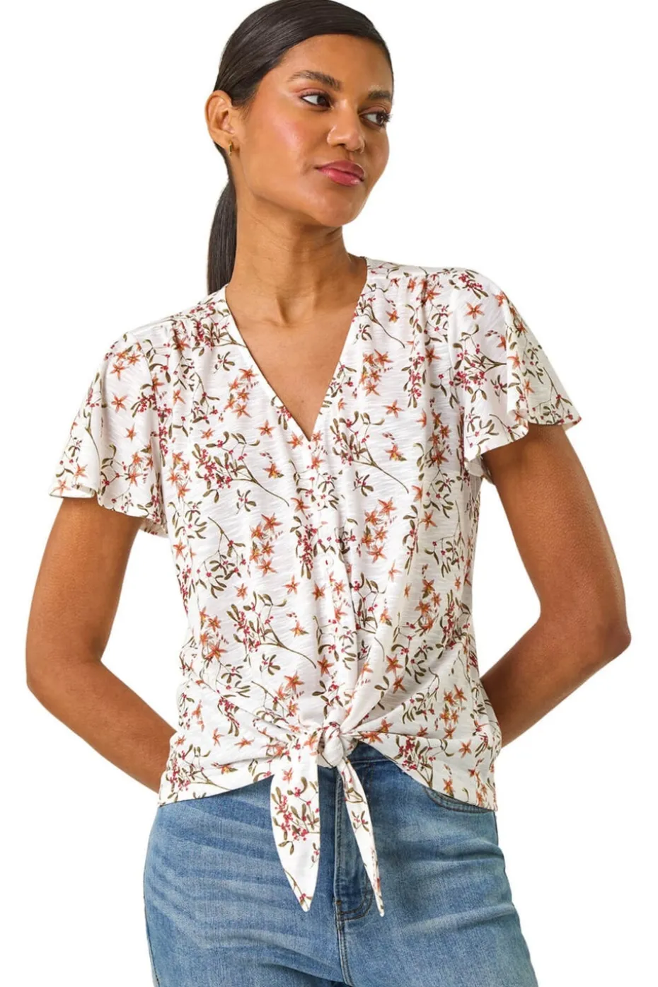Roman Ivory Floral Buttoned Tie Hem Top