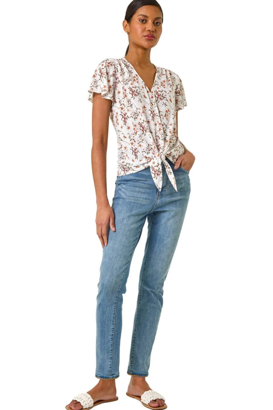 Roman Ivory Floral Buttoned Tie Hem Top