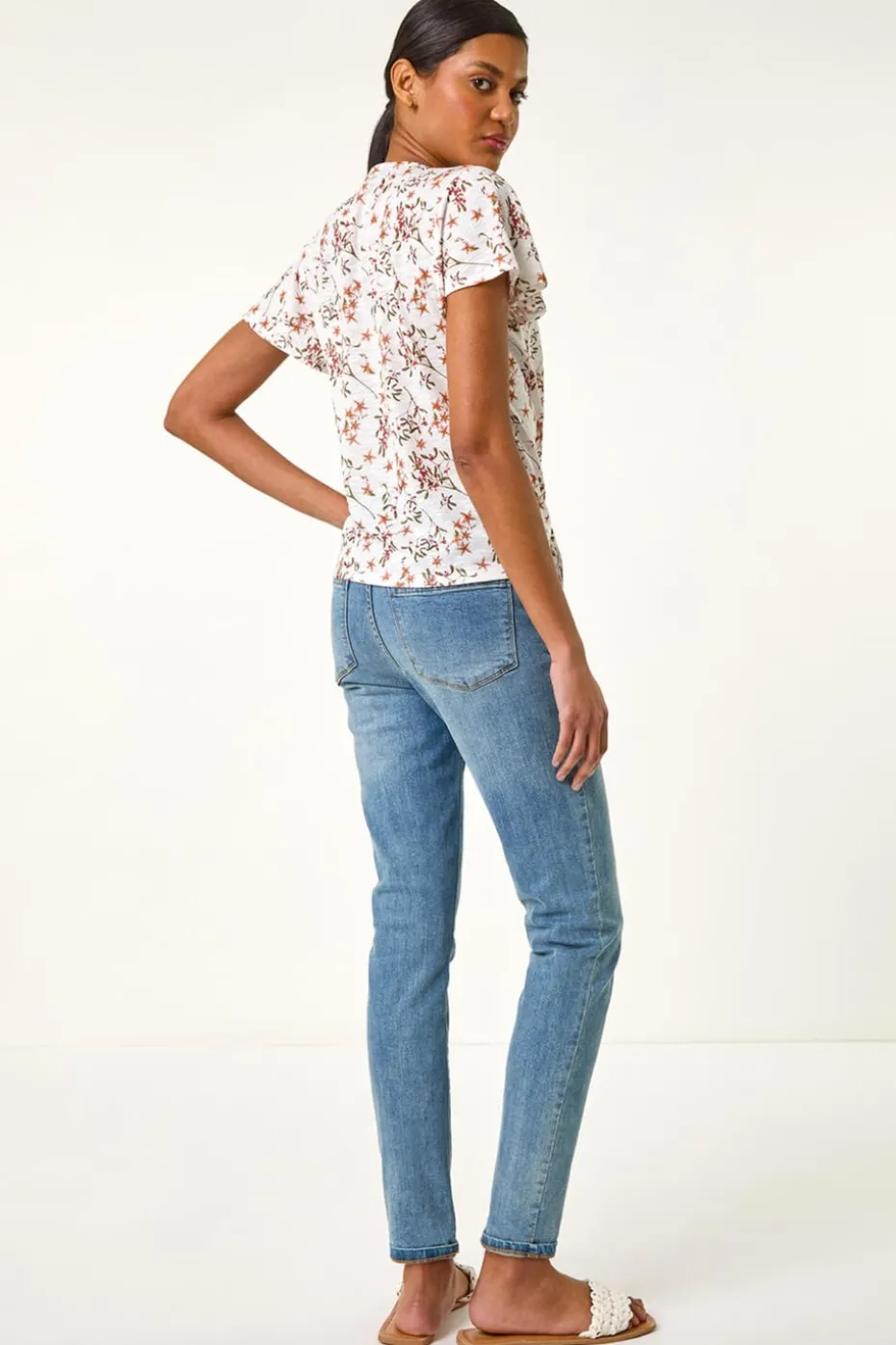 Roman Ivory Floral Buttoned Tie Hem Top