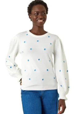 Roman Ivory Floral Embroidery Knit Top