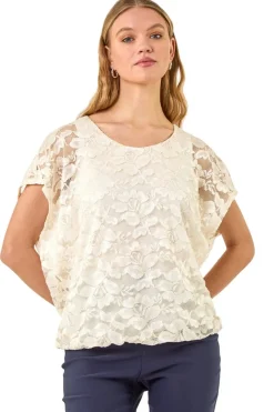 Roman Ivory Floral Lace Overlay Stretch Top