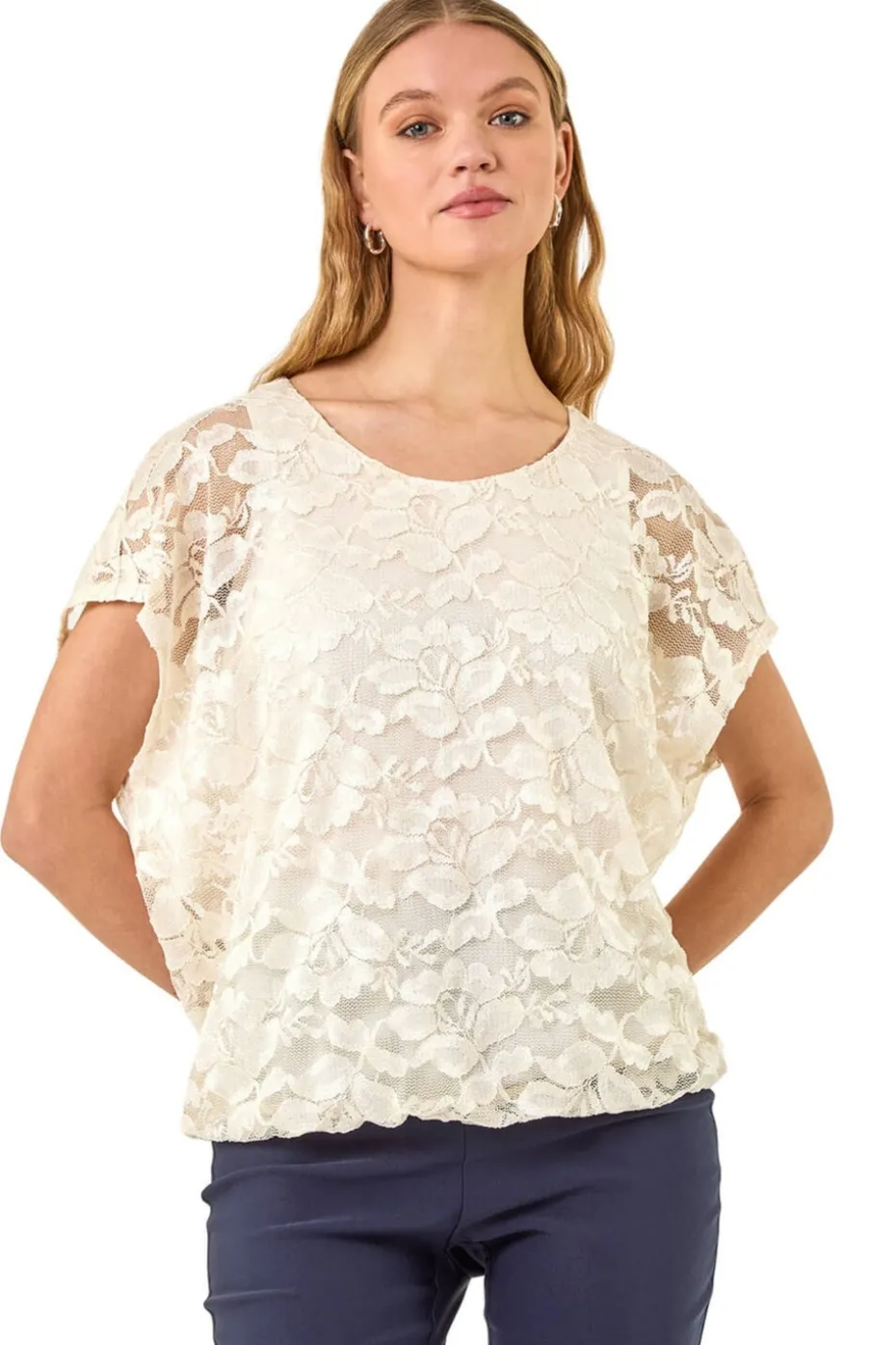Roman Ivory Floral Lace Overlay Stretch Top