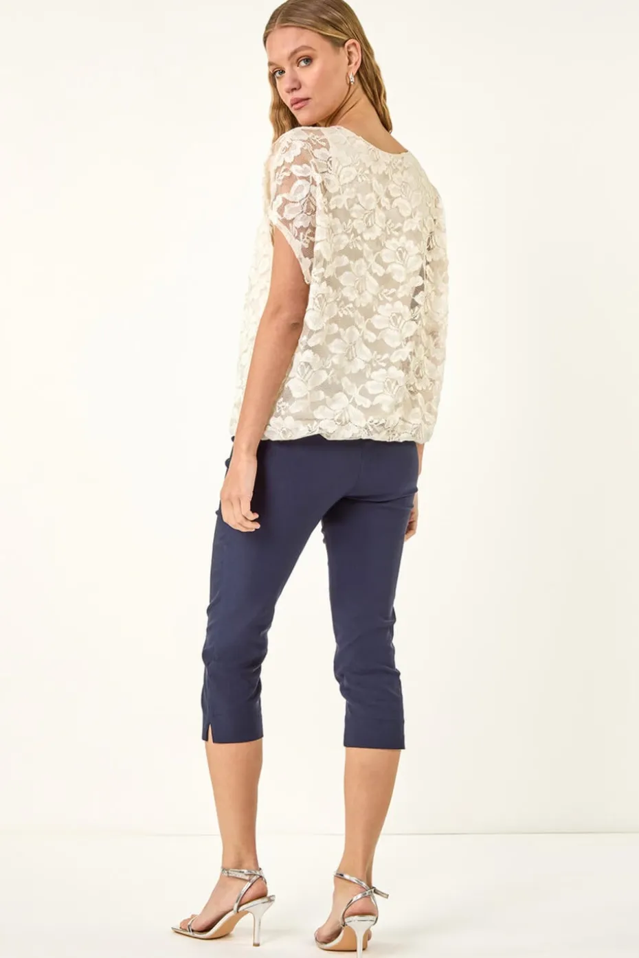 Roman Ivory Floral Lace Overlay Stretch Top