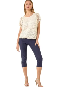 Roman Ivory Floral Lace Overlay Stretch Top