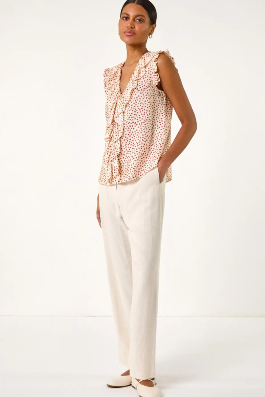Roman Ivory Floral Print Ruffle Front Vest Top