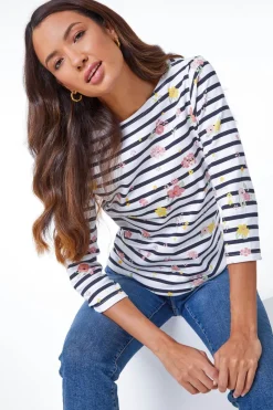 Roman Ivory Floral Print Stripe Top