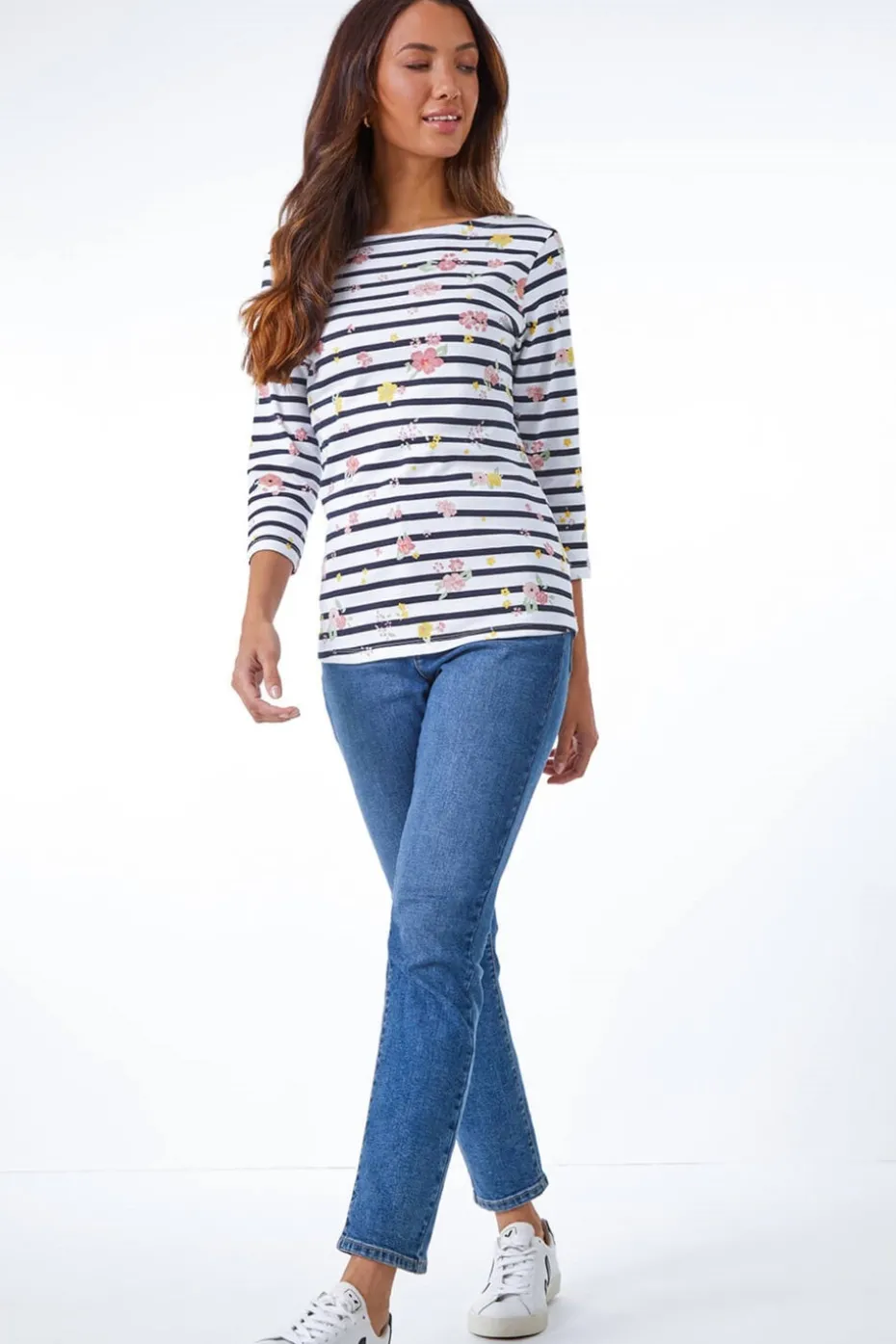 Roman Ivory Floral Print Stripe Top