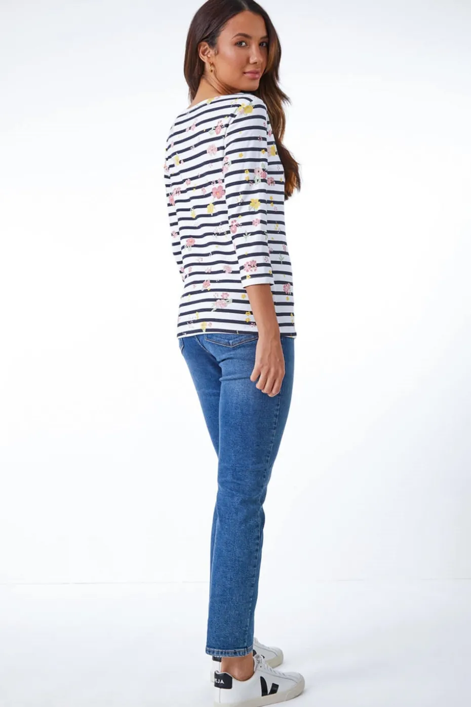 Roman Ivory Floral Print Stripe Top