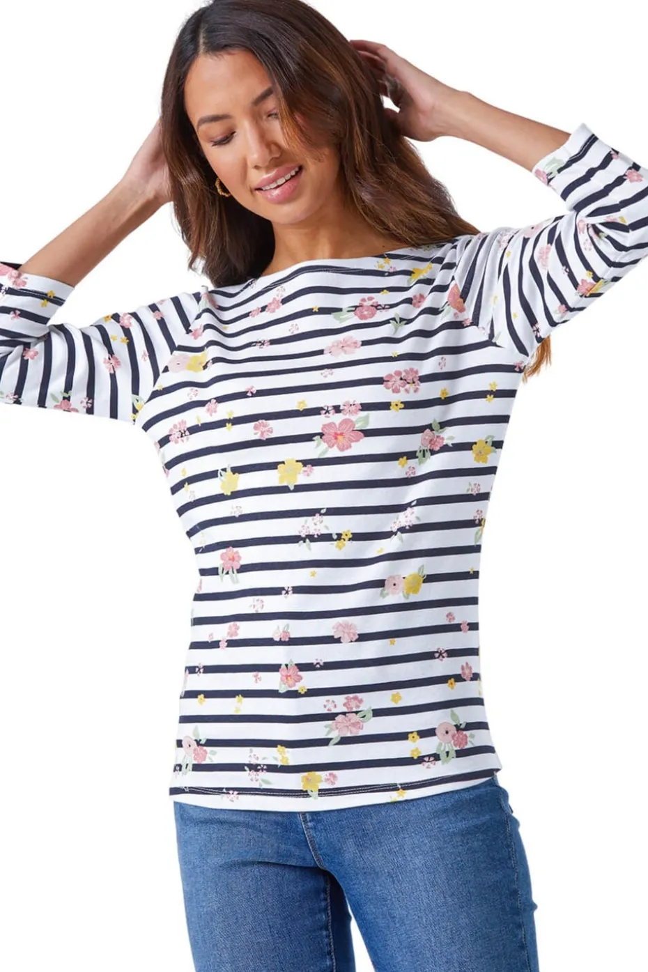 Roman Ivory Floral Print Stripe Top