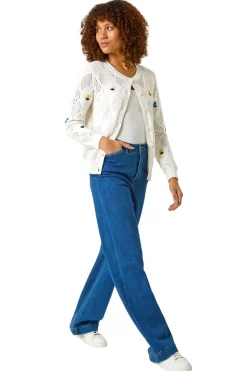 Roman Ivory Flower Embroidered Cardigan