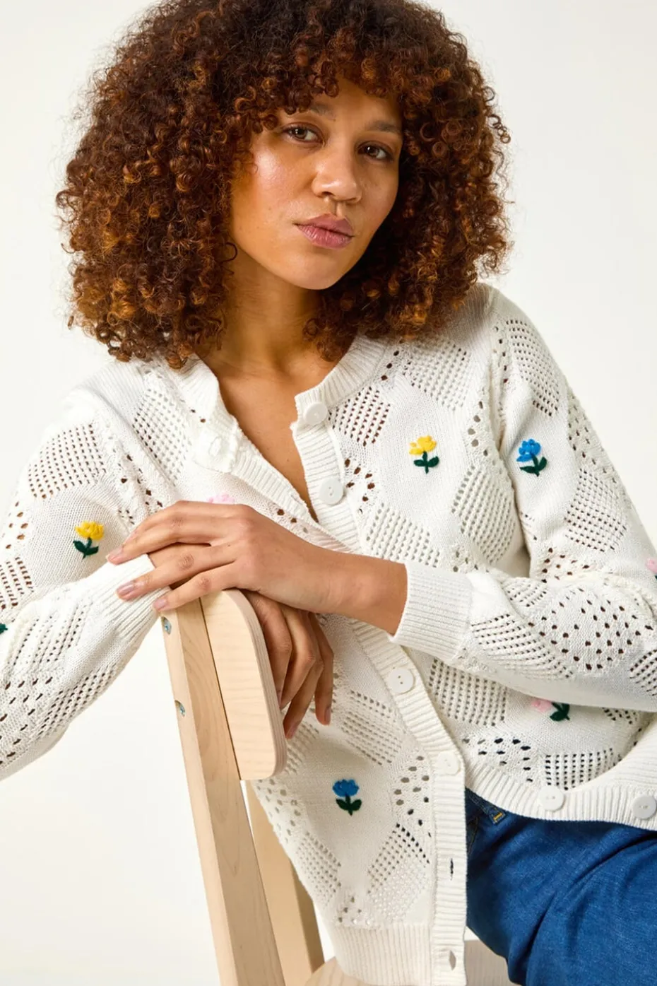 Roman Ivory Flower Embroidered Cardigan