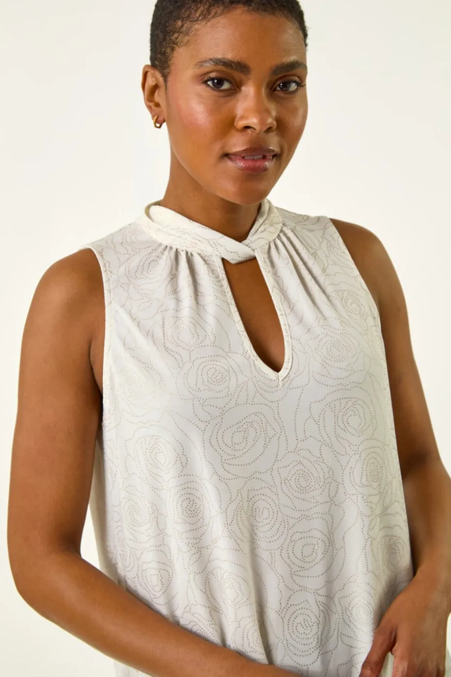 Roman Ivory Foil Rose Twist Neck Top