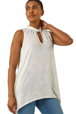 Roman Ivory Foil Rose Twist Neck Top