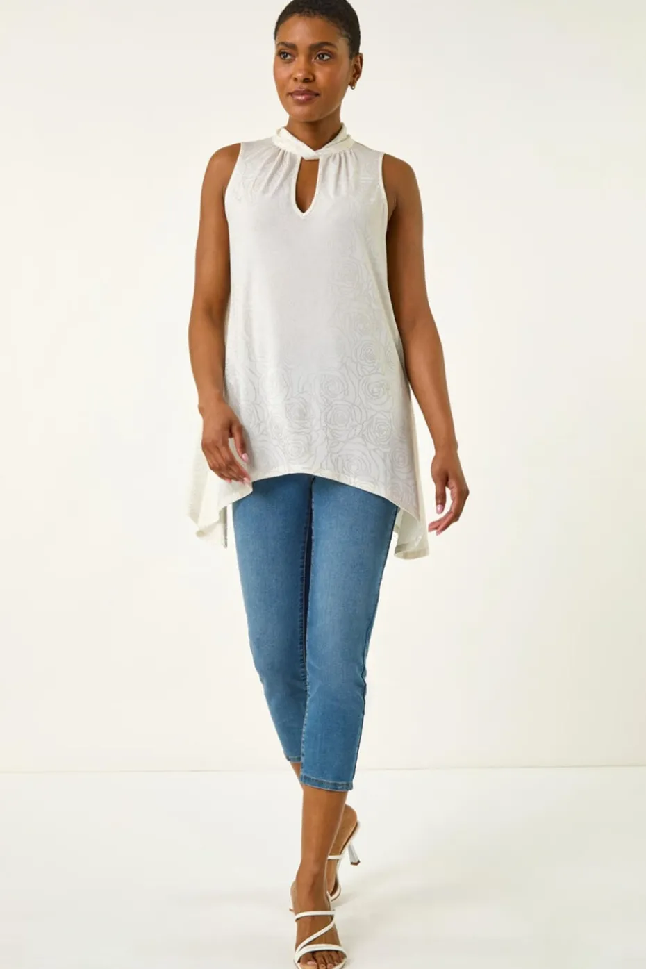 Roman Ivory Foil Rose Twist Neck Top