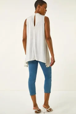 Roman Ivory Foil Rose Twist Neck Top