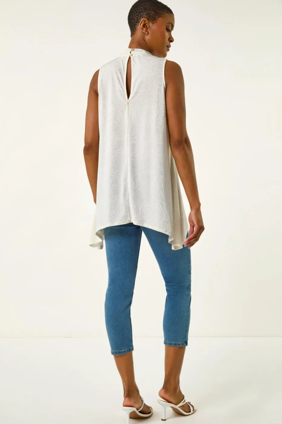 Roman Ivory Foil Rose Twist Neck Top