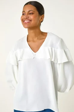 Roman Ivory Frill Front Woven Top
