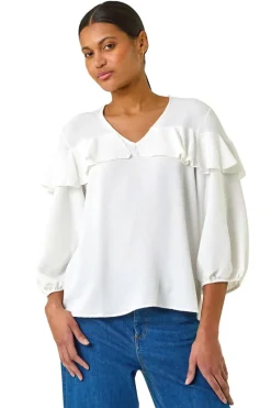 Roman Ivory Frill Front Woven Top
