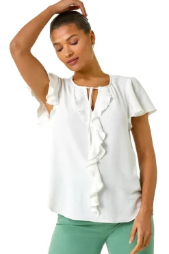 Roman Ivory Frilled Sleeve Tie Front Top
