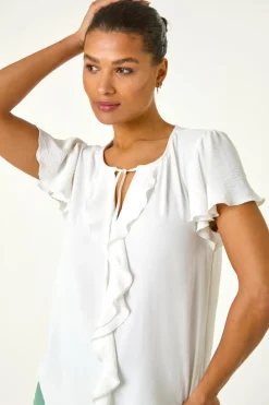 Roman Ivory Frilled Sleeve Tie Front Top