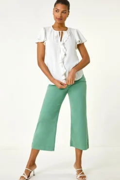 Roman Ivory Frilled Sleeve Tie Front Top