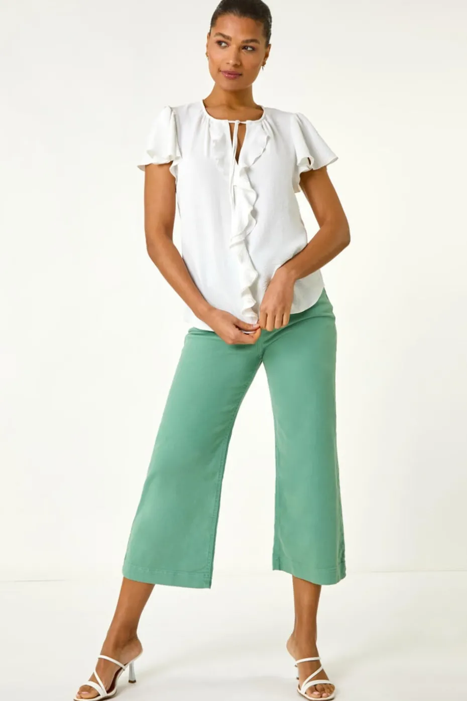 Roman Ivory Frilled Sleeve Tie Front Top