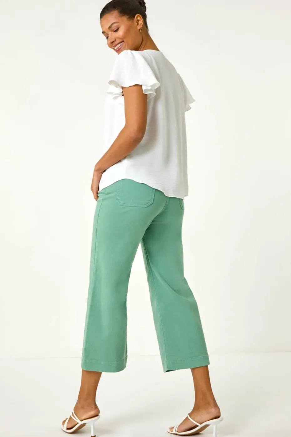 Roman Ivory Frilled Sleeve Tie Front Top