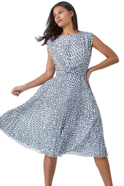 Roman Ivory Geometric Twist Detail Pleated Dress