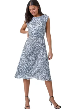 Roman Ivory Geometric Twist Detail Pleated Dress