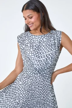 Roman Ivory Geometric Twist Detail Pleated Dress