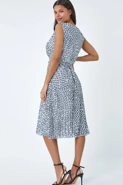 Roman Ivory Geometric Twist Detail Pleated Dress