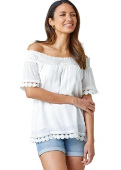Roman Ivory Lace Detail Shirred Bardot Top