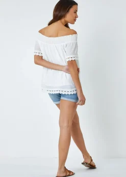 Roman Ivory Lace Detail Shirred Bardot Top