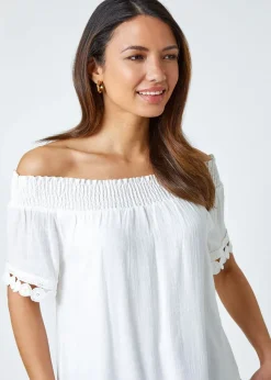 Roman Ivory Lace Detail Shirred Bardot Top