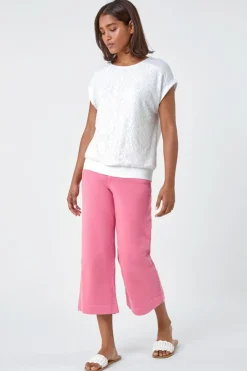 Roman Ivory Lace Panel Stretch Jersey Top