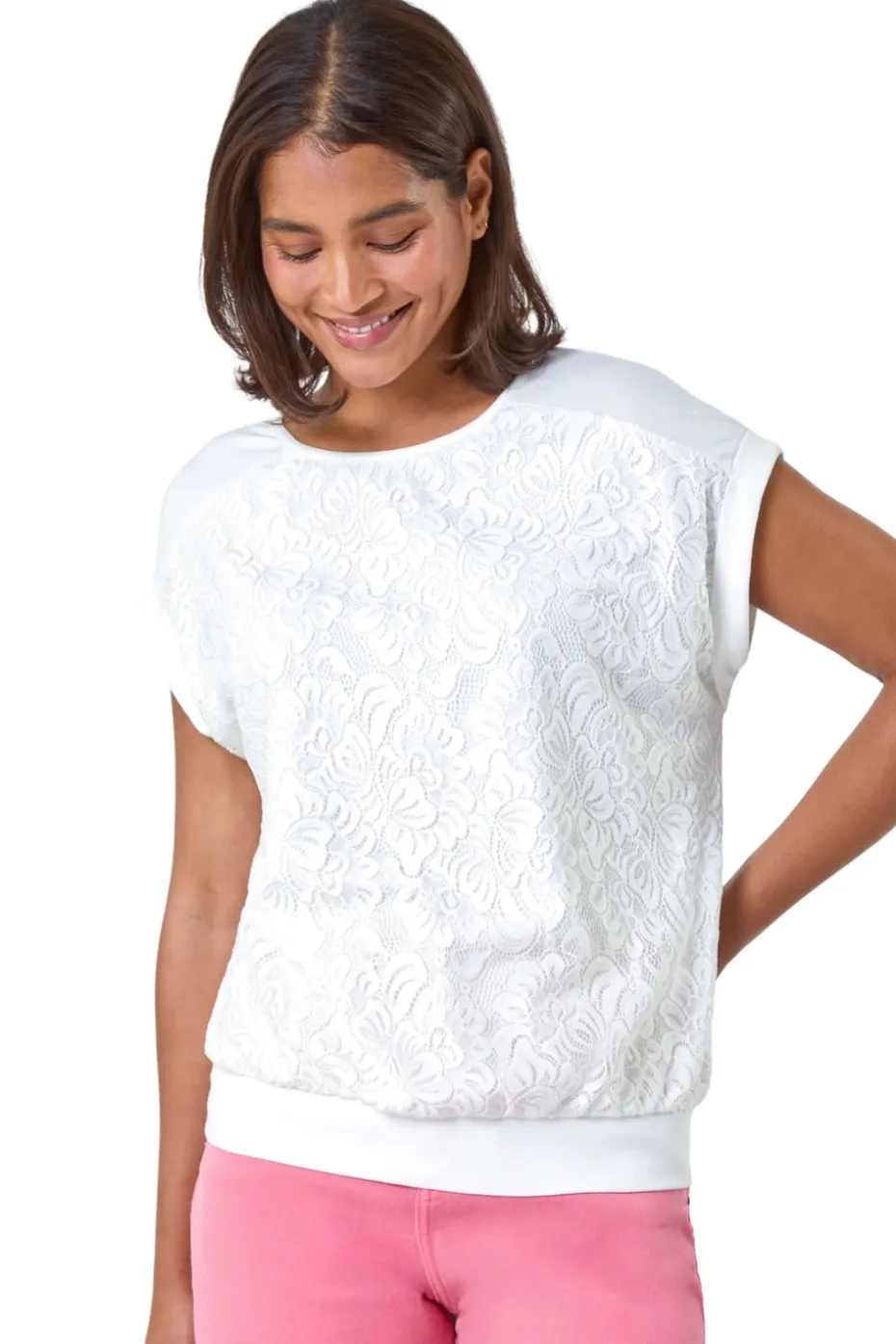 Roman Ivory Lace Panel Stretch Jersey Top