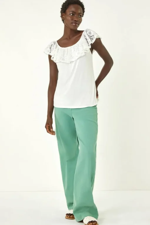 Roman Ivory Lace Trim Bardot Top