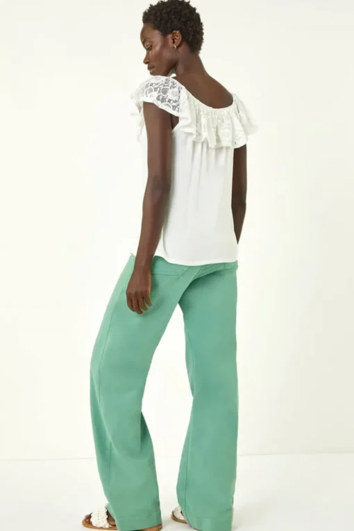 Roman Ivory Lace Trim Bardot Top