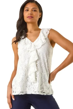 Roman Ivory Lace V Neck Ruffle Front Top