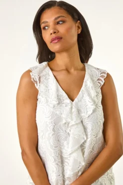 Roman Ivory Lace V Neck Ruffle Front Top